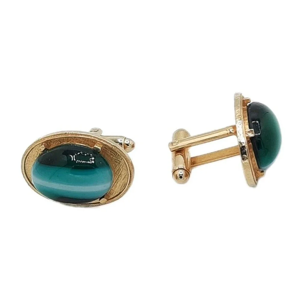 Vintage DANTE Cufflinks Green White Swirl Cats Eye Oval Cabochon Gold Tone